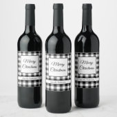 素朴な白黒の格子模様のメリークリスマス ワインラベル (ボトル)