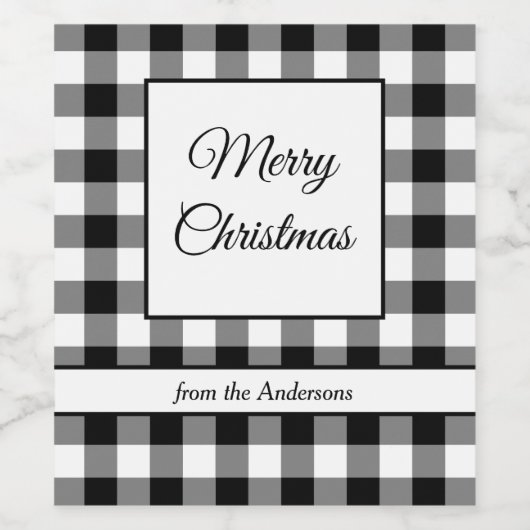 素朴な白黒の格子模様のメリークリスマス ワインラベル (シングルラベル)