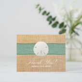 素朴な砂ドルの緑のバーラップのリボンは感謝していしています ポストカード (スタンド正面)