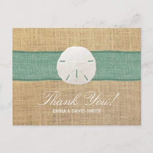 素朴な砂ドルの緑のバーラップのリボンは感謝していしています ポストカード (正面)