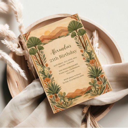 素朴な砂漠の花を添えた誕生日 招待状