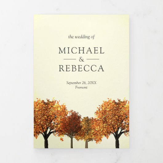 素朴な秋のオータムツリー フォレスト ウェディング フォト 三つ折り招待状 (カバー)