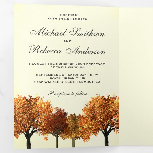 素朴な秋のオータムツリー フォレスト ウェディング フォト 三つ折り招待状 (内部最初)