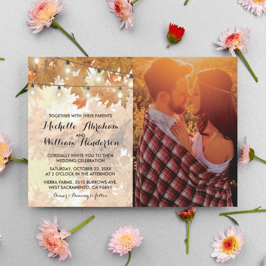 素朴な秋のオータムツリー ライト フォト ウェディング 招待状