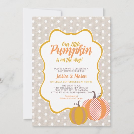 素朴な秋のカボチャのベイビーシャワー招待状 招待状 (正面)