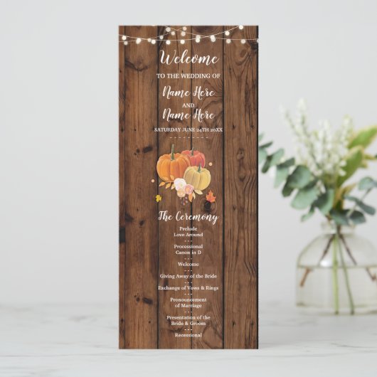 素朴な秋のカボチャの木のウェディングプログラムの詳細 招待状 (スタンド正面)