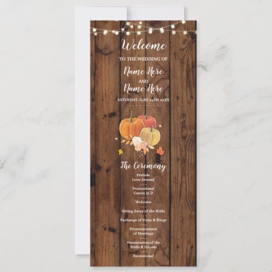 素朴な秋のカボチャの木のウェディングプログラムの詳細 招待状 (正面)