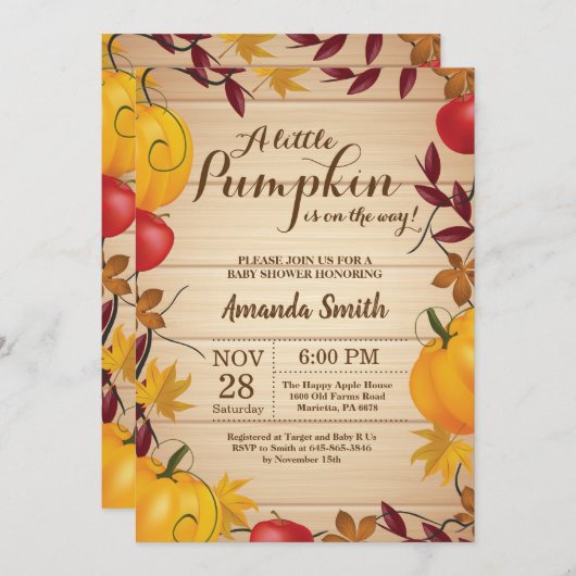 素朴な秋のカボチャベビーシャワーの招待 招待状 (正面/裏面)