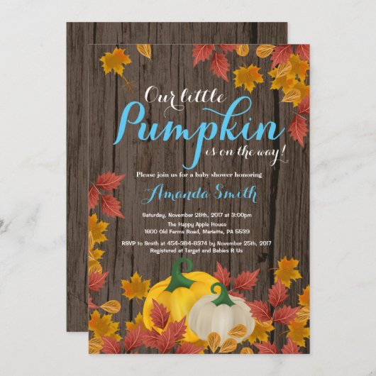 素朴な秋のカボチャ男の子のベビーシャワーの招待 招待状 (正面/裏面)