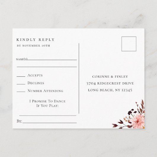 素朴な秋のフレーム結婚式の出欠確認と曲のリクエスト インビテーションポストカード (裏面)