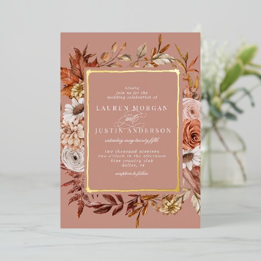 素朴な秋のフローラ結婚のフォイル招待状 箔招待状 (立ち正面)