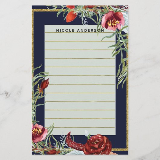 素朴な秋のマルサラ フローラル ネイビーブルー モダン オーダーメイド 便箋 (正面)