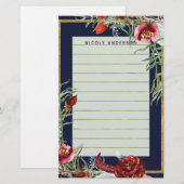 素朴な秋のマルサラ フローラル ネイビーブルー モダン オーダーメイド 便箋 (正面/裏面)