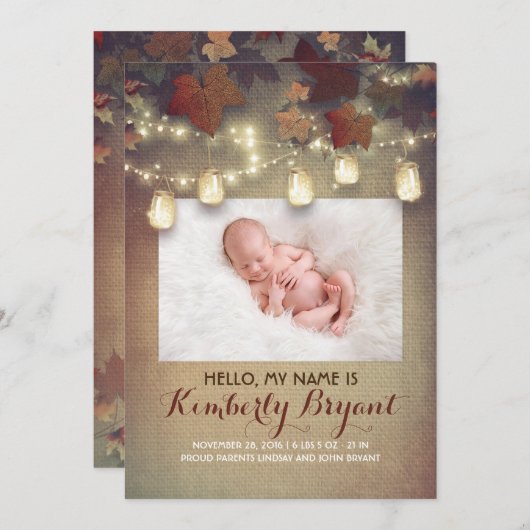 素朴な秋のメーソンジャーはベビーの写真の誕生をつけます 案内状 (正面/裏面)