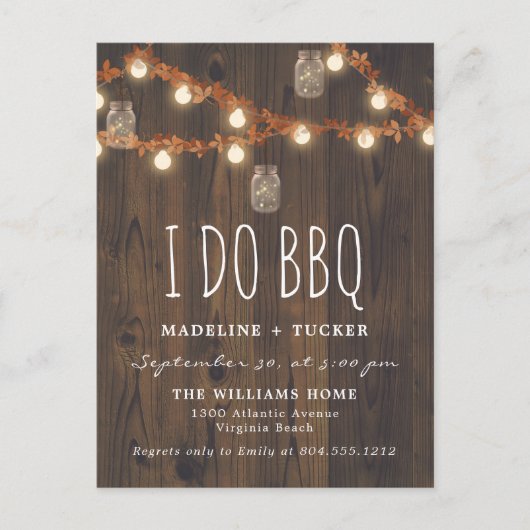 素朴な秋の妖精の灯りと葉っぱの「I Do BBQ」 案内ポストカード (正面)