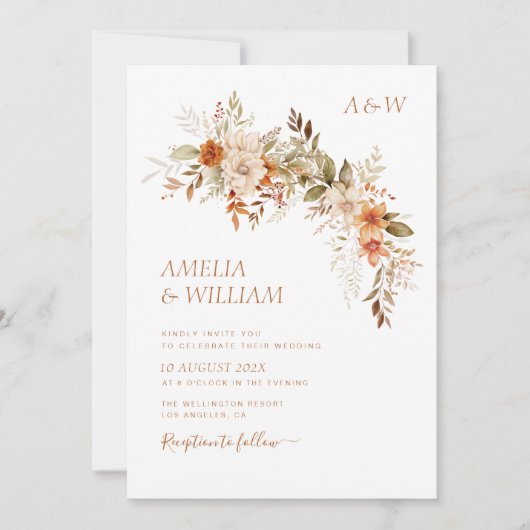 素朴な秋の秋花模様結婚式招待状 招待状 (正面)