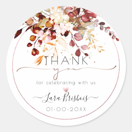 素朴な秋の紅葉 水彩 ラストオレンジ ユーカリ ラウンドシール (正面)