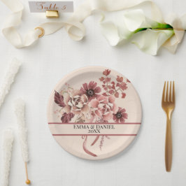 素朴な秋の花が淡いベージュの水彩画で咲き誇る ペーパープレート