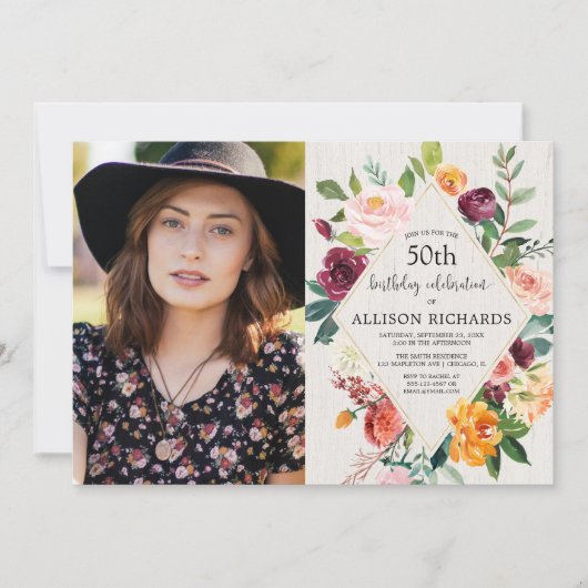 素朴な秋の花の大人の誕生日の写真 招待状 (正面)