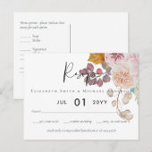 素朴な秋の落ち葉とパンプキンと花のウェディング ポストカード (正面/裏面)