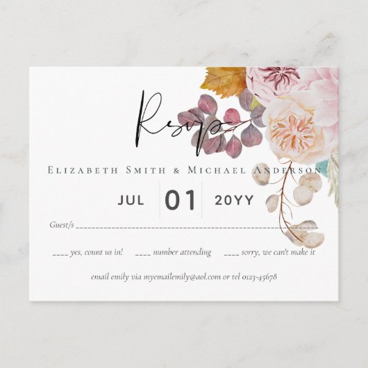 素朴な秋の落ち葉とパンプキンと花のウェディング ポストカード (正面)