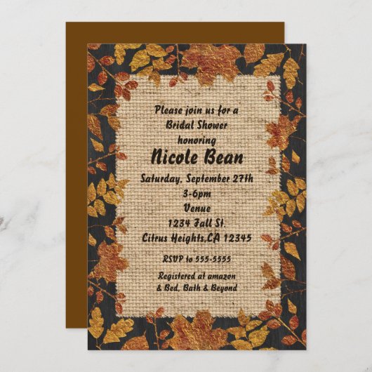素朴な秋の落ち葉と麻のゴールドトーン 招待状 (正面/裏面)