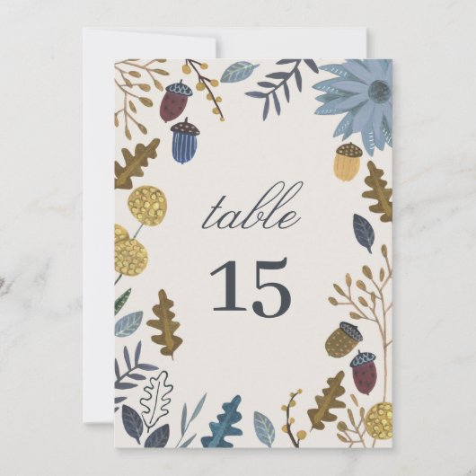 素朴な秋の落ち葉の結婚式テーブルナンバー 招待状 (正面)