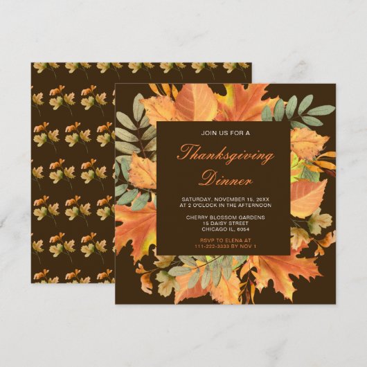 素朴な秋の落ち葉感謝祭パーティー 招待状 (正面/裏面)