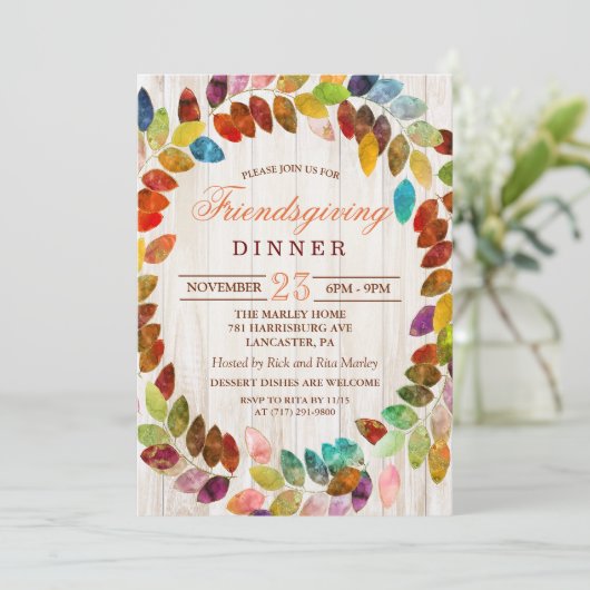 素朴な秋の落ち葉 フレンズギビング ディナー 招待状 (スタンド正面)