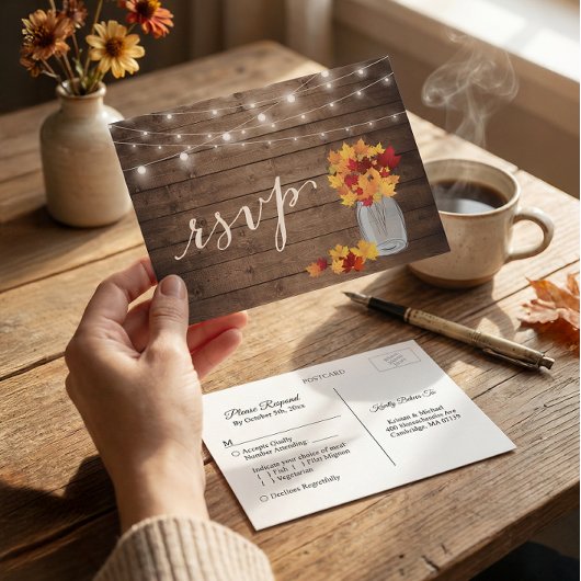 素朴な秋の落ち葉 メイソンジャー ストリング ライト RSVP インビテーションポストカード