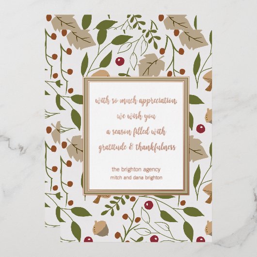 素朴な秋の落ち葉 感謝の気持ちを込めた感謝祭 箔シーズンカード (正面/裏面)