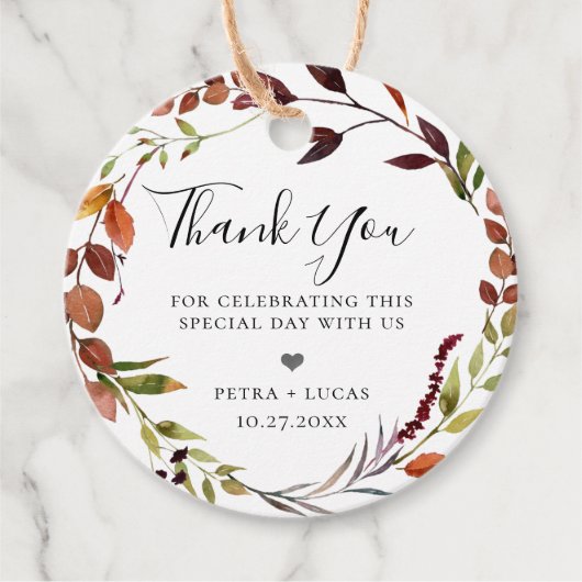 素朴な秋の葉のリースの感謝カード フェイバータグ (正面)