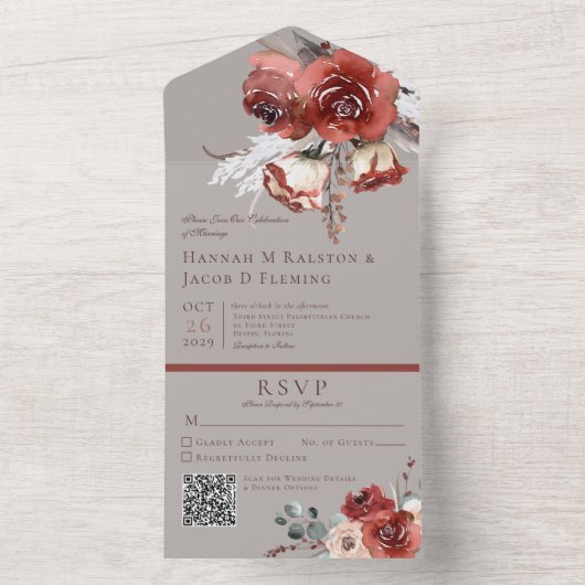 素朴な秋の錆びた花模様の灰色のQRコード オールインワン招待状 (内側)