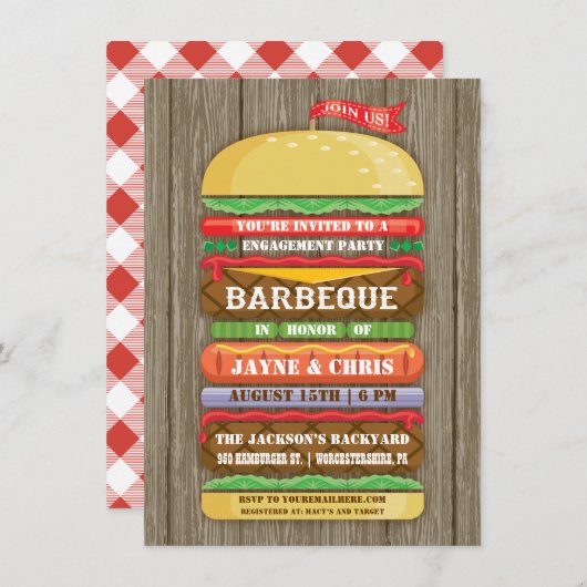 素朴な積み重ねられたハンバーガーの婚約パーティBBQ 2 招待状 (正面/裏面)