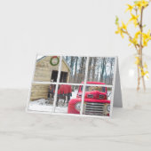 素朴な窓の馬とレトロな赤いトラック カード (黄色い花)