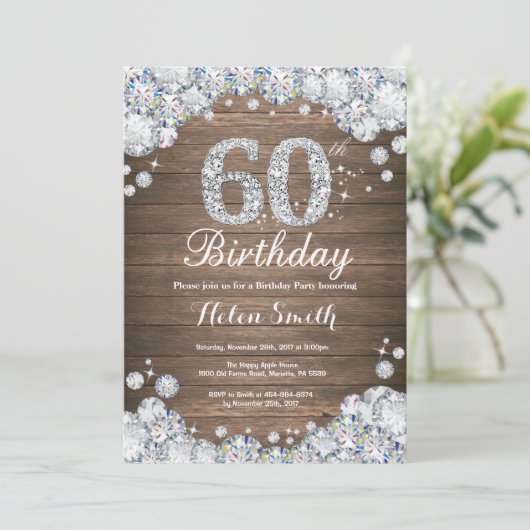 素朴な第60誕生日の銀製のダイヤモンド 招待状 (スタンド正面)