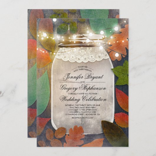 素朴な紅葉のメーソンジャーのひもは結婚式をつけます 招待状 (正面/裏面)