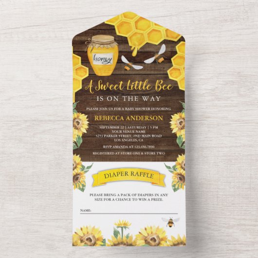素朴な納屋の木のひまわりハチミツハチ 赤ちゃんのお披露目会 オールインワン招待状 (内側)