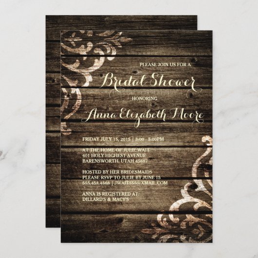 素朴な納屋の木のダマスク vintage ブライダルシャワー 招待状 (正面/裏面)