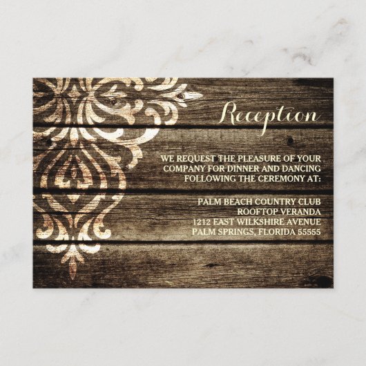 素朴な納屋の木のダマスク vintage 結婚式の受付 エンクロージャーカード (正面)