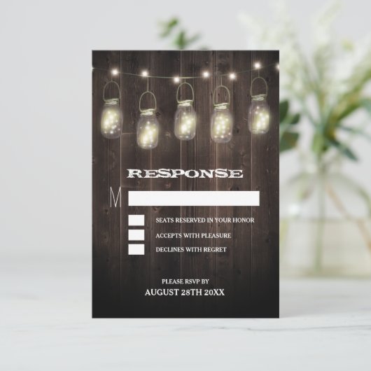 素朴な納屋の木のメイソンジャー結婚式の出欠確認カード 出欠カード (スタンド正面)