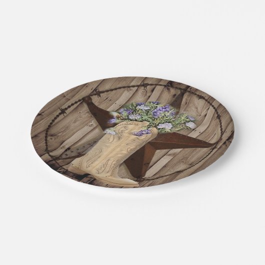 素朴な納屋の木のワイルドフラワーウェスタンカントリーカウボーイ ペーパープレート (アングル)