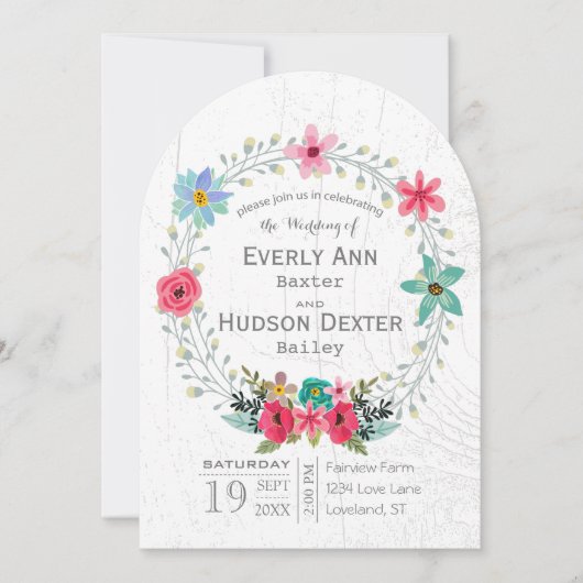 素朴な納屋の木の花のガーランドリース 招待状 (正面)