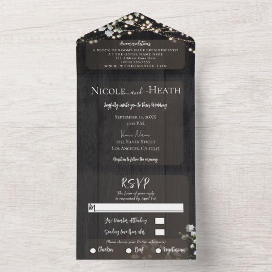 素朴な納屋の木の赤ちゃんの息の光の結婚式 オールインワン招待状 (内側)