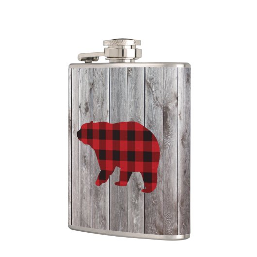 素朴な納屋の木クリスマス赤いバッファローのプレイドベア フラスク (左)