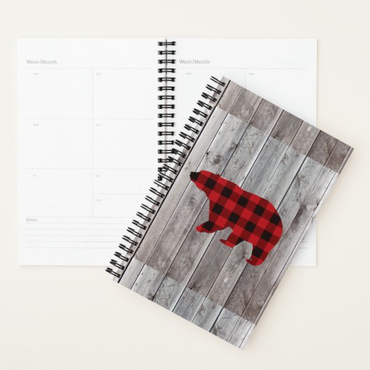 素朴な納屋の木クリスマス赤いバッファローのプレイドベア プランナー手帳 (ディスプレー)