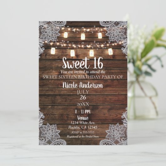 素朴な納屋の木材とメイソンジャーを使ったスイート16パーティー 招待状 (スタンド正面)