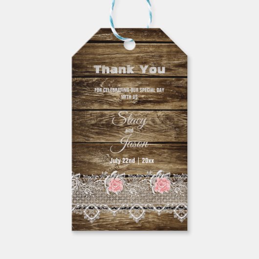 素朴な納屋の木材とレースの感謝メッセージ ギフトタグ (正面)