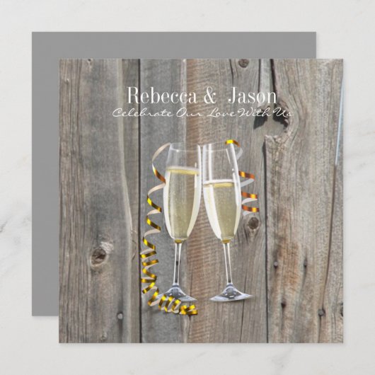 素朴な納屋の木材を使ったシャンパン ウエスタン カントリー ウェディング 招待状 (正面/裏面)