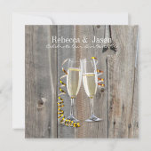素朴な納屋の木材を使ったシャンパン ウエスタン カントリー ウェディング 招待状 (正面)